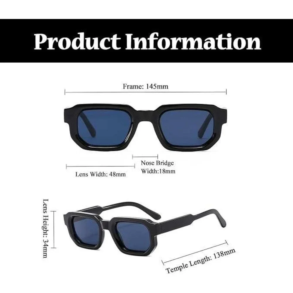 Mens Square Black Frame Sunglasses Blue Tint Lens Thick Geometric Modern Shades
